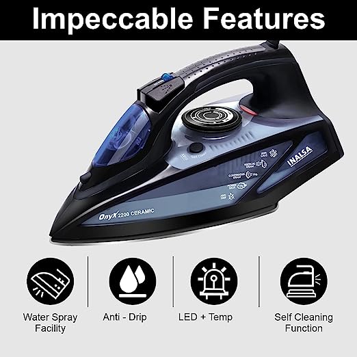 Inalsa Steam Iron Onyx 2200 Watt, Quick Heat Up with up to 30 g/min steam, 100 g steam Boost, Water Spray, Scratch Resistant Ceramic Soleplate, Vertical steam, Anti Drip & Anti Calc Functions. Inalsa Steam Iron Onyx 2200 Watt, Quick Heat Up with up to 30 g/min steam, 100 g steam Boost, Water Spray, Scratch Resistant Ceramic Soleplate, Vertical steam, Anti Drip & Anti Calc Functions.